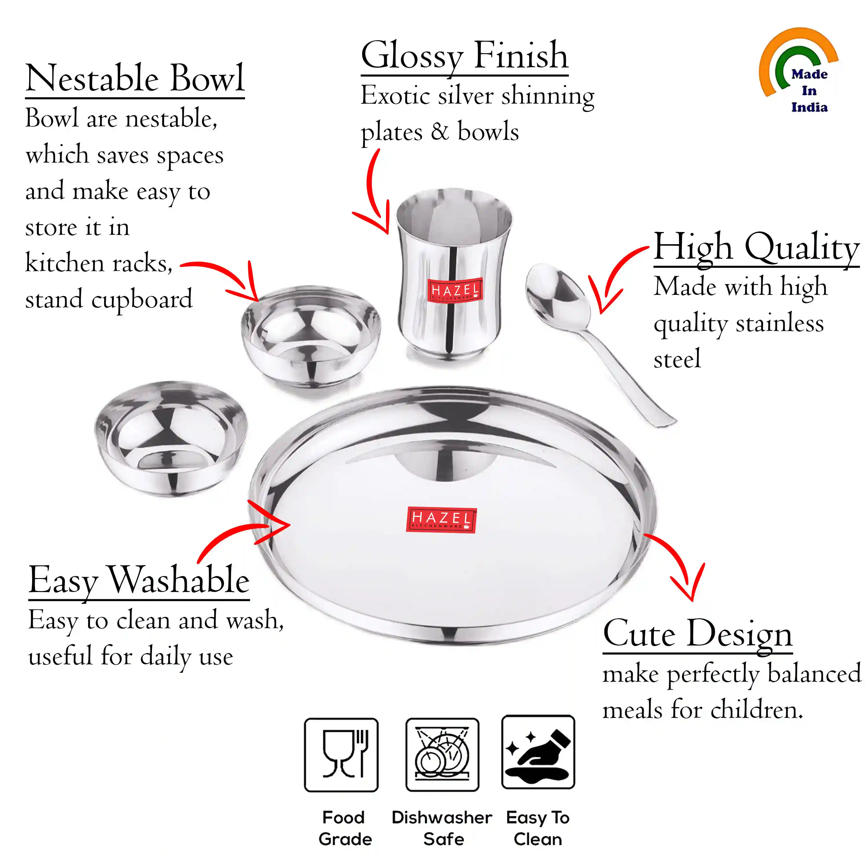 HAZEL Stainless Steel Dinner Set for Kids | Baby Dinner Set Combo of Steel Plate, Glass, Bowl & Spoon (Apple Shape)