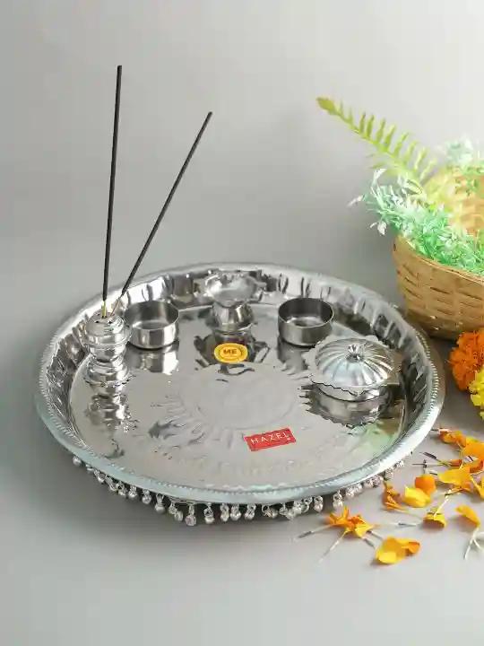 HAZEL Steel Pooja Thali (Silver_11.4 Inch X 11.4 Inch X 0.9 Inch)