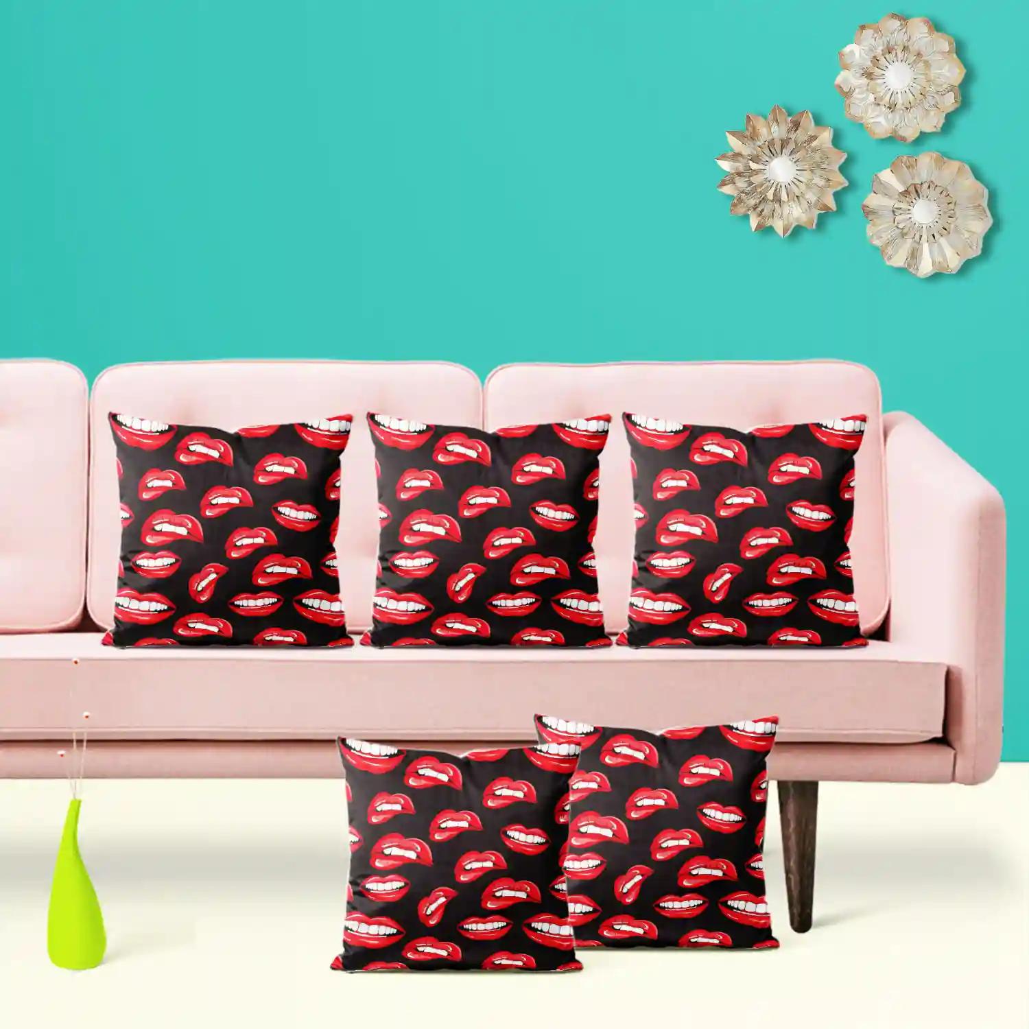 ArtzFolio Lips D1 | Decorative Cushion Cover for Bedroom & Living Room | Velvet Fabric | 12 x 12 inch (30 x 30 cms); Set of 5 pcs