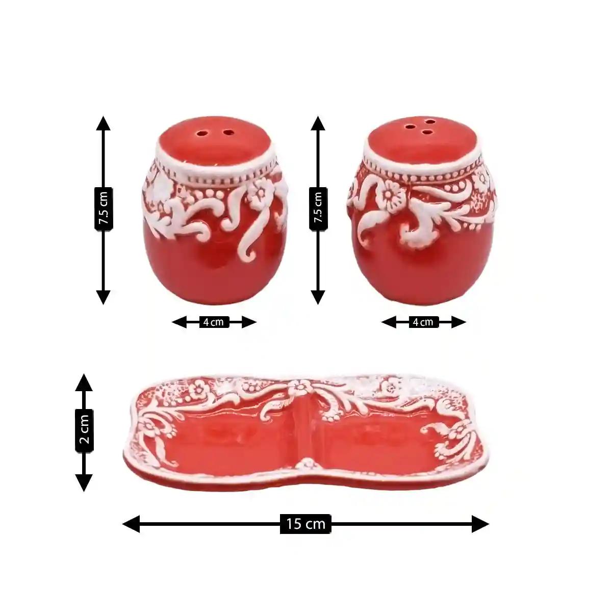 Kookee Ceramic Salt and Pepper Shakers Set with tray for Dining Table used as Namak Dhani, Shaker, Sprinkler, Spices Dispenser for Home, Kitchen and Restaurant, Floral Design, Red White (8565)