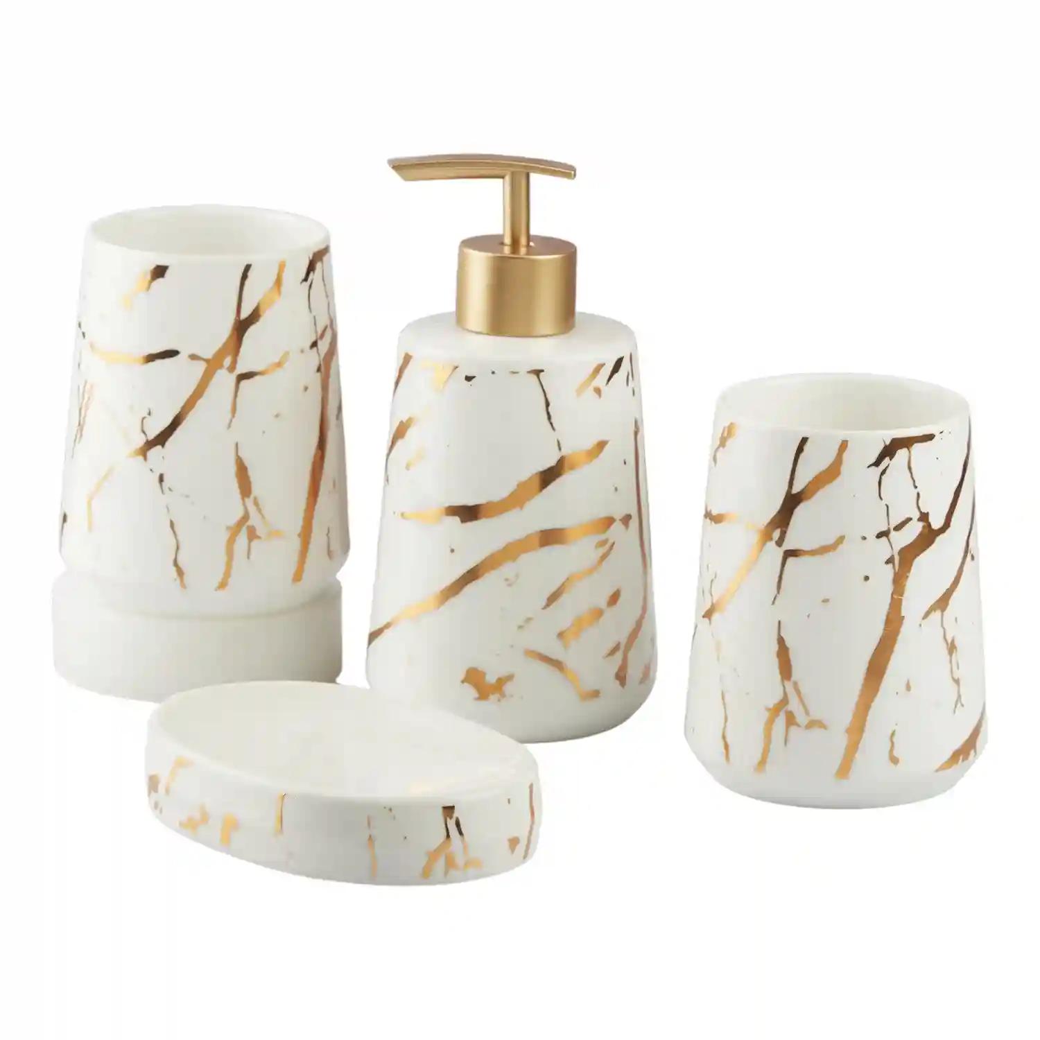 Kookee Ceramic Bathroom Accessories Set of 4, Modern Bath Set with Liquid hand wash Soap Dispenser and Toothbrush holder, Luxury Gift Accessory for Home, White/Gold (10456)