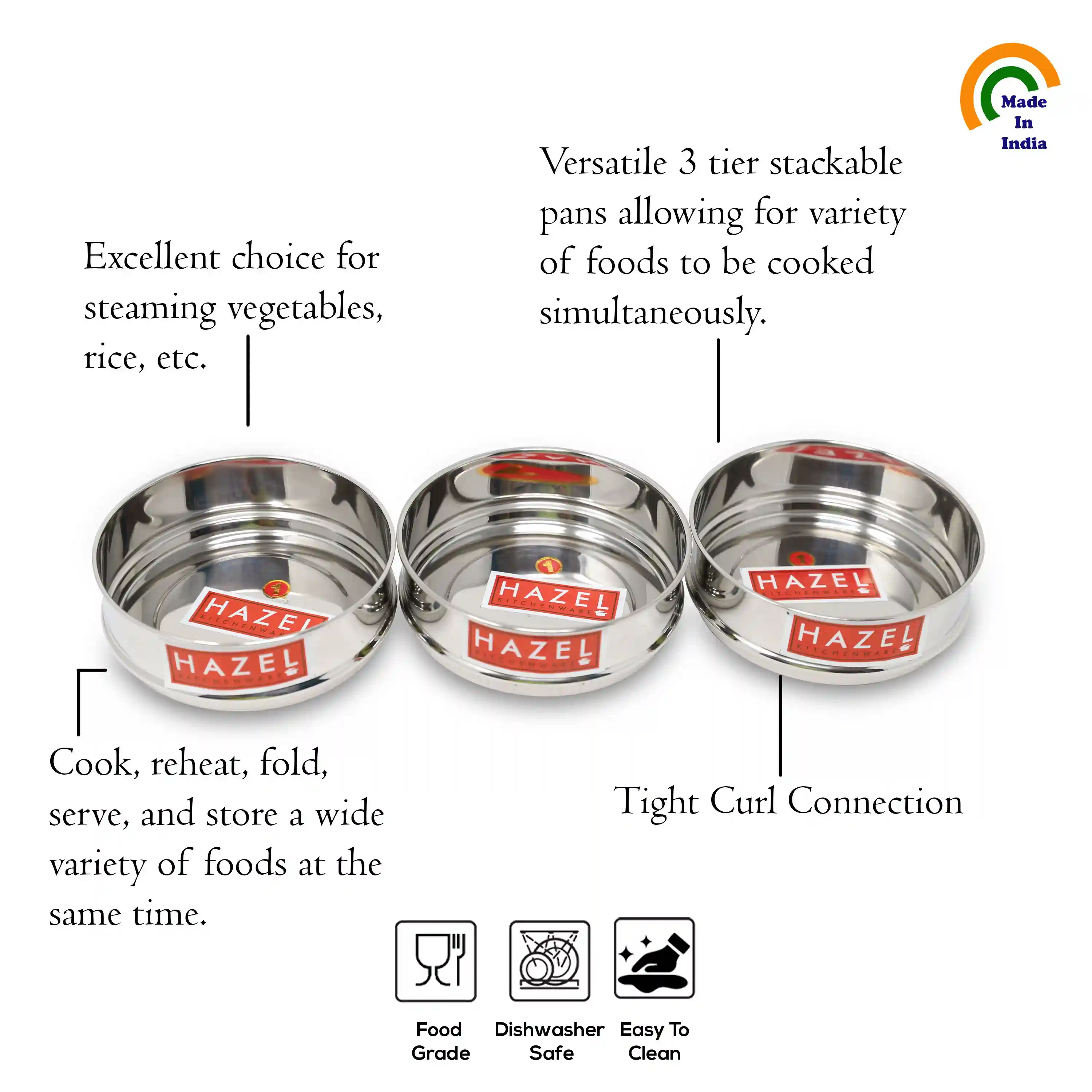 HAZEL Cooker Separator Small Size | Mini Vessel For Cooker Set Of 3, 500 Ml Each With Glossy Finish | Utensil Set Stainless Steel Cooker Dabba | Stackable Cooker Container, Silver, 3 Liter