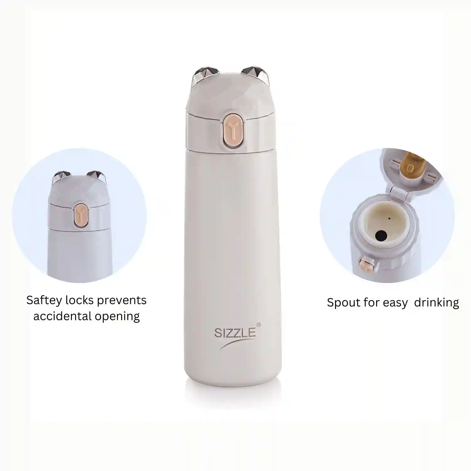 Sizzle Splash Vacuum Insulated Flask Double Wall Hot & Cold Water Bottle with Press Button Mechanism for One Hand Use | 350 ML | Fits Easily in Hand Bags & Lunch Bags | Grey