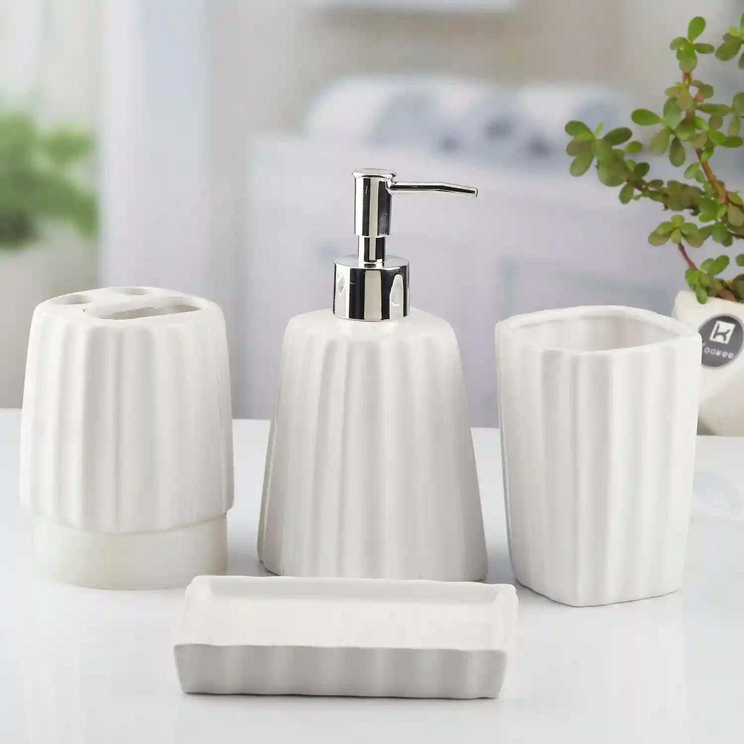 Kookee Ceramic Bathroom Accessories Set of 4, Modern Bath Set with Liquid hand wash Soap Dispenser and Toothbrush holder, Luxury Gift Accessory for Home, White (10468)