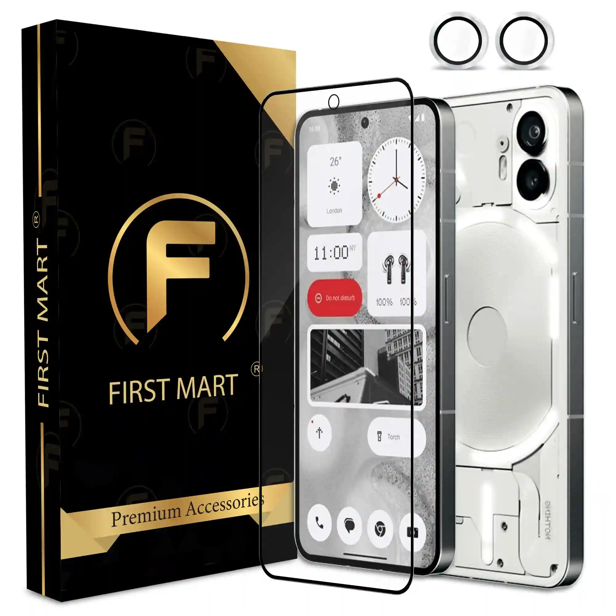 FIRST MART Tempered Glass and Silver Camera Rings for Nothing Phone 2 (6.72 Inch) with Edge to Edge Screen Coverage and Easy Installation | Silver