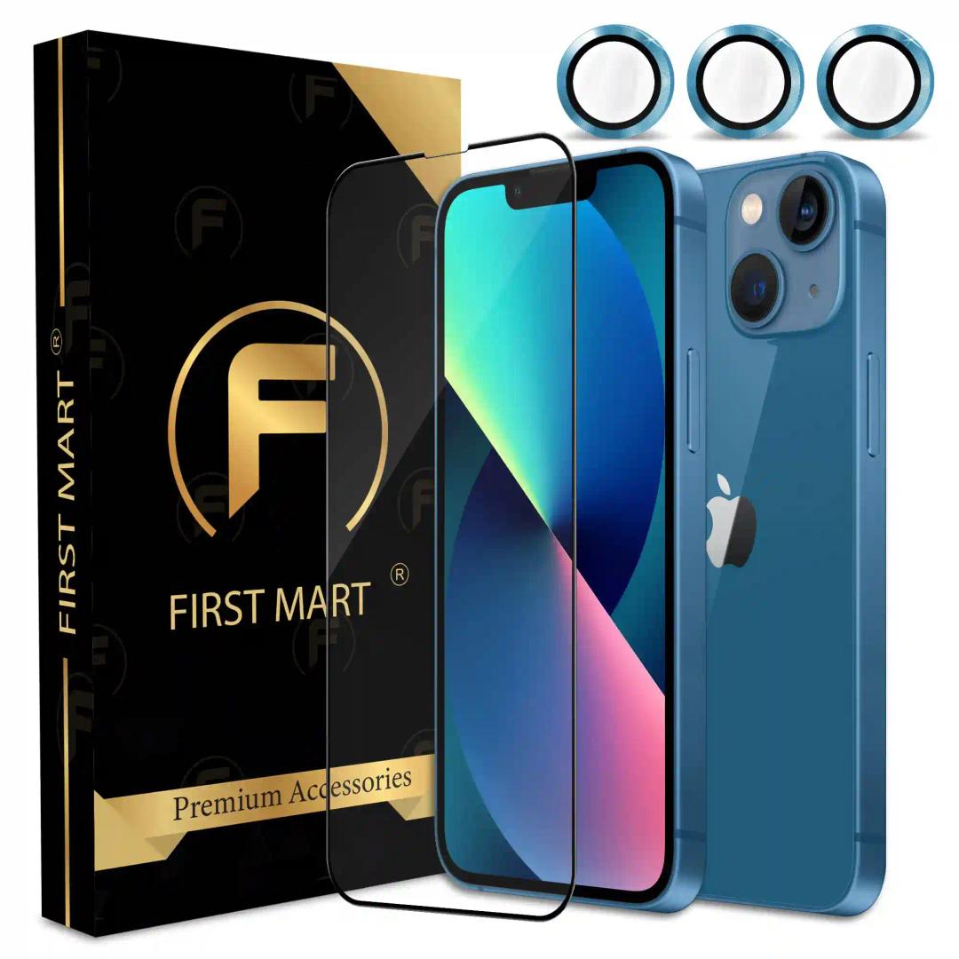 FIRST MART for iPhone 13 Mini Tempered Glass and 1 Set of Individual Blue Camera Rings Protectors, 2.5D Curved Edges, Full-Coverage Military-Grade Protection, Scratch Resistant | Blue Rings