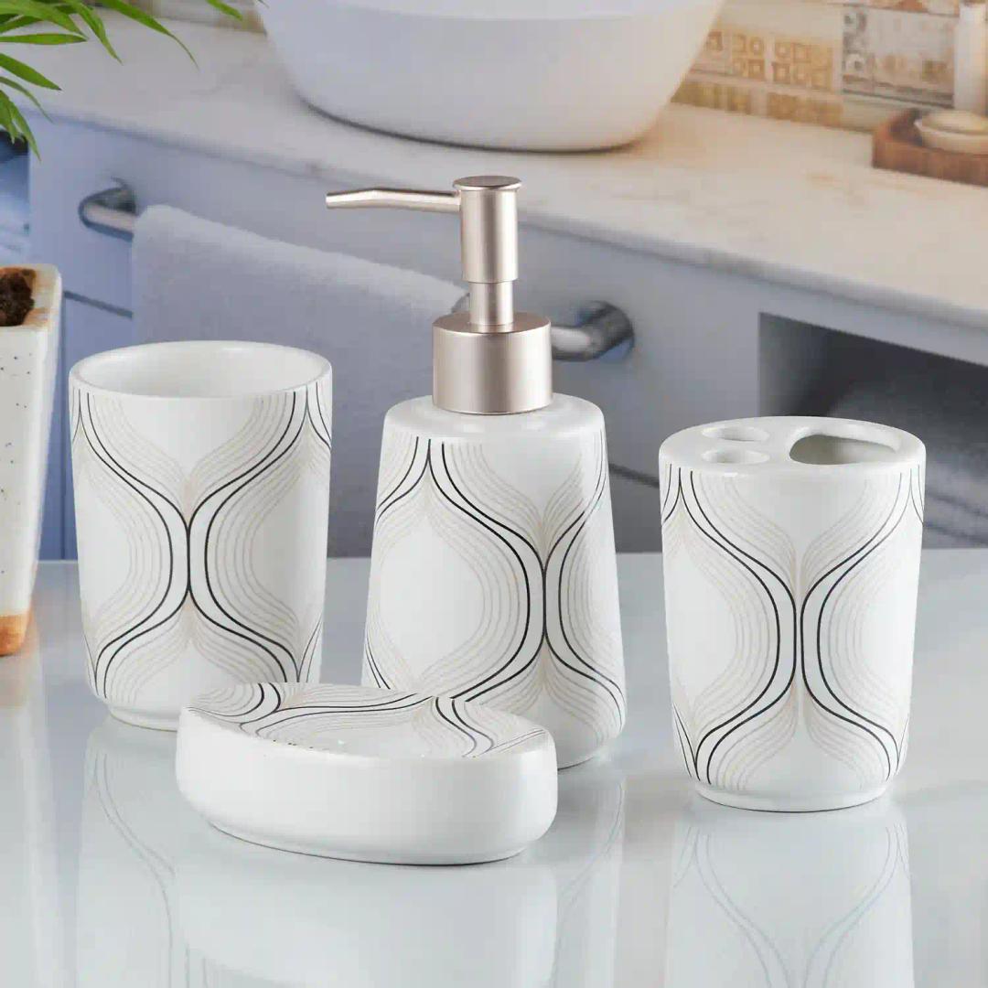 Kookee Ceramic Bathroom Accessories Set of 4, Modern Bath Set with Liquid handwash Soap Dispenser and Toothbrush holder, Luxury Gift Accessory for Home - White (10167)