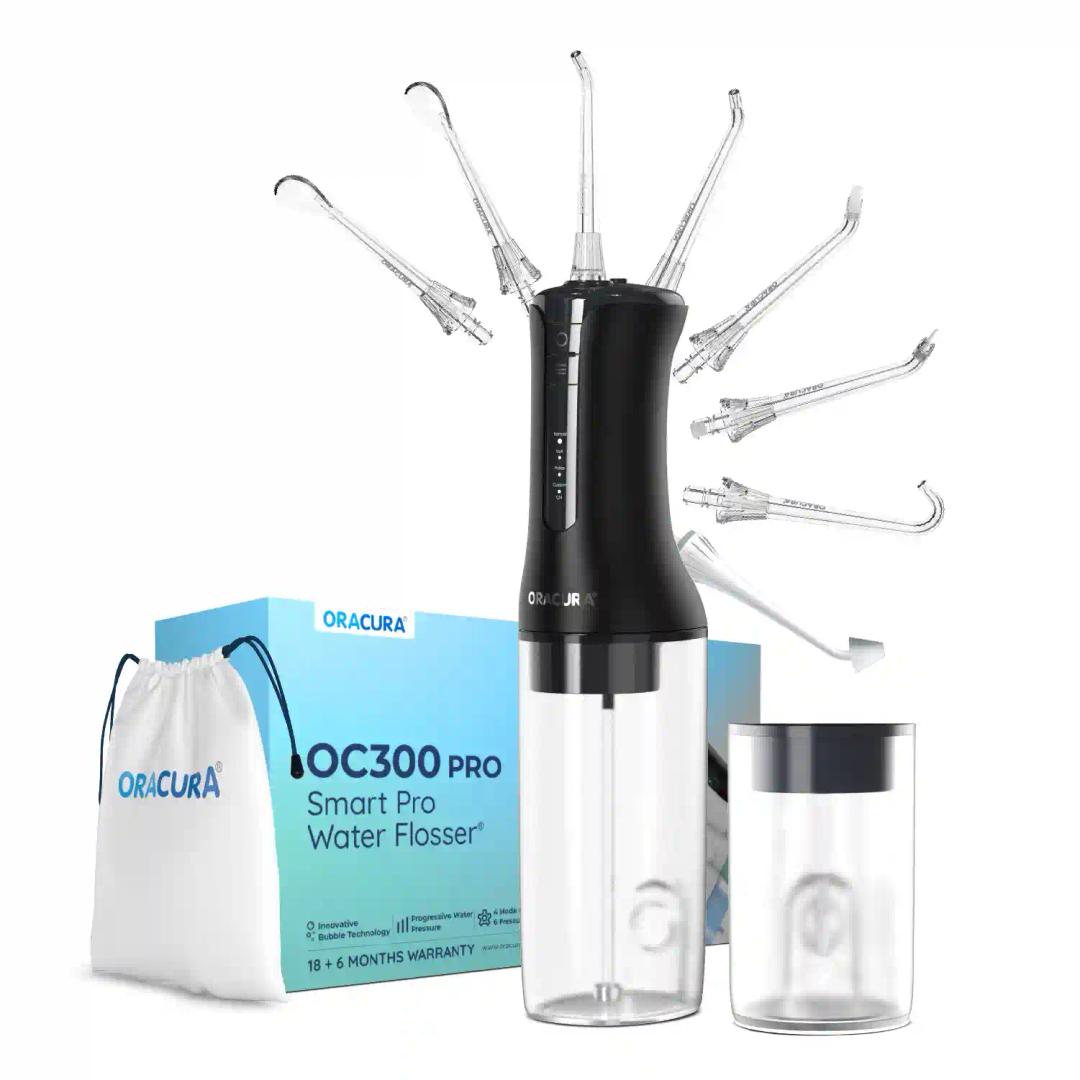 ORACURA OC300 Dental PRO Smart Pro Water Flosser Black With 8 Nozzle Tips