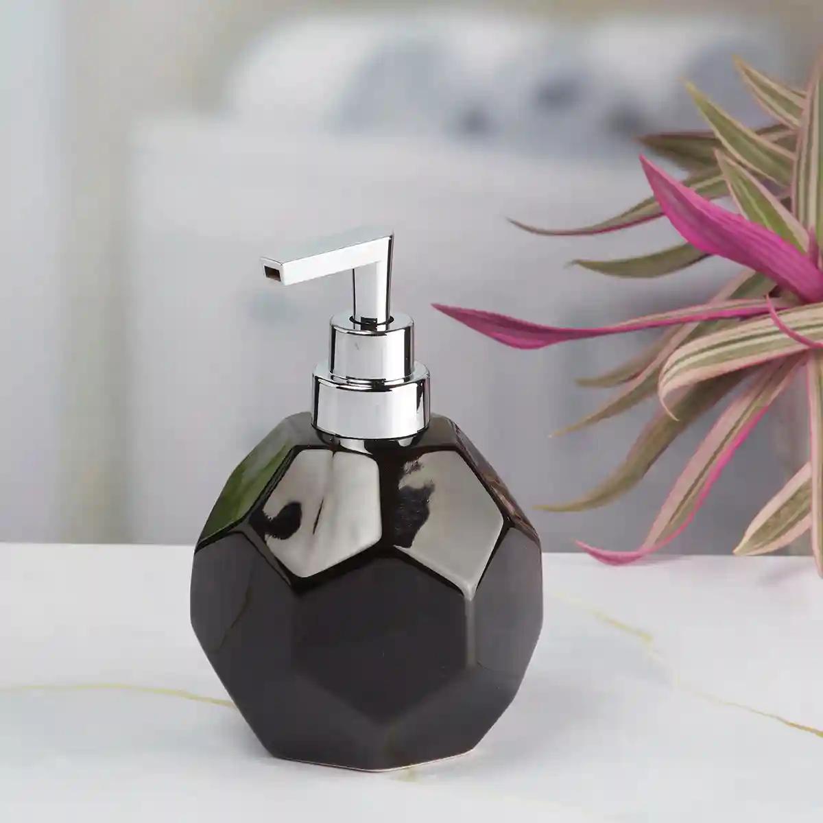 Kookee Ceramic Soap Dispenser for Bathroom handwash, refillable pump bottle for Kitchen hand wash basin, Set of 2 - Black (8024)