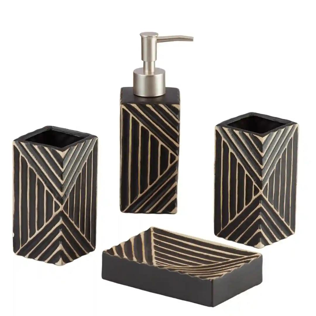 Kookee Ceramic Bathroom Accessories Set of 4, Modern Bath Set with Liquid handwash Soap Dispenser and Toothbrush holder, Luxury Gift Accessory for Home - Black (7698)