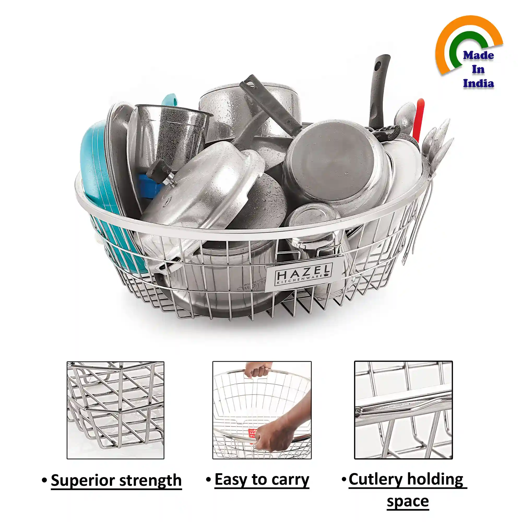 HAZEL Stainless Steel Kitchen Racks I Large Size Utensils Rack for Kitchen I Round Dish Drainer Basket for Kitchen, Silver I Daily Use Kitchen Storage Rack