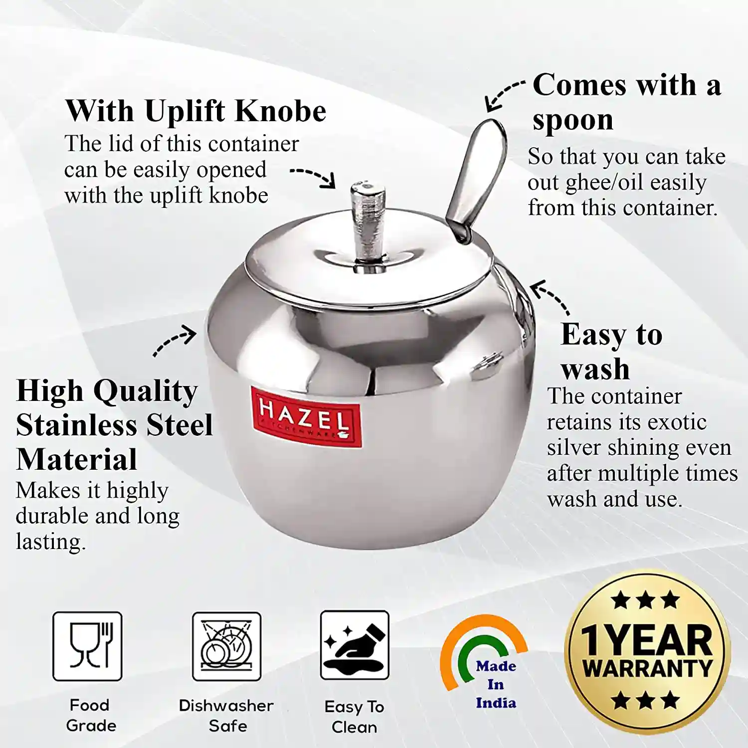 HAZEL Stainless Steel Oil and Ghee Container With Spoon for Kitchen | Multipurpose Oil Container | Capacity of 300ml, Silver (Pack of 1)