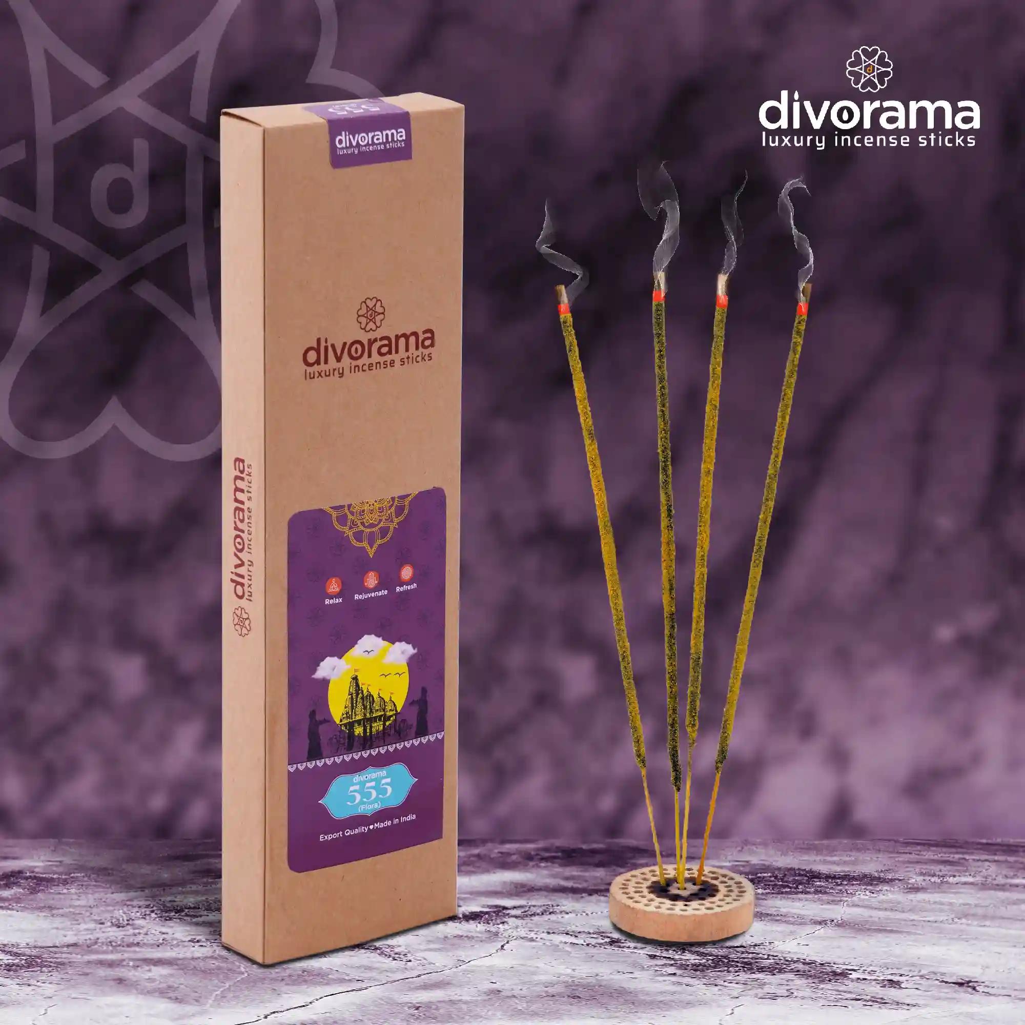 DivoRama Premium 555 Flora  Incense Masala Agarbatti - 100% Natural Indian Aroma - Long Lasting 555 Flora Agarbatti for Puja, Meditation, Happy Vibes - 45 Sticks-Pack of 1