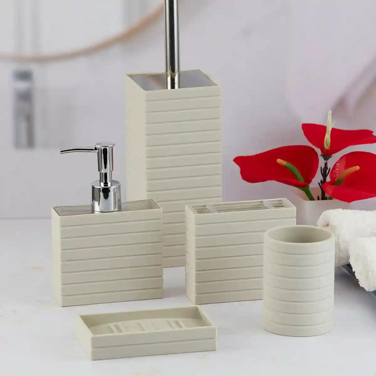 Kookee Acrylic Bathroom Accessories Set of 5, Modern Acrylic Bath Set with Liquid Soap Dispenser and Toothbrush Holder, Bathroom Accessory Set with Toilet Brush Gift Items for Home - Beige (10035)