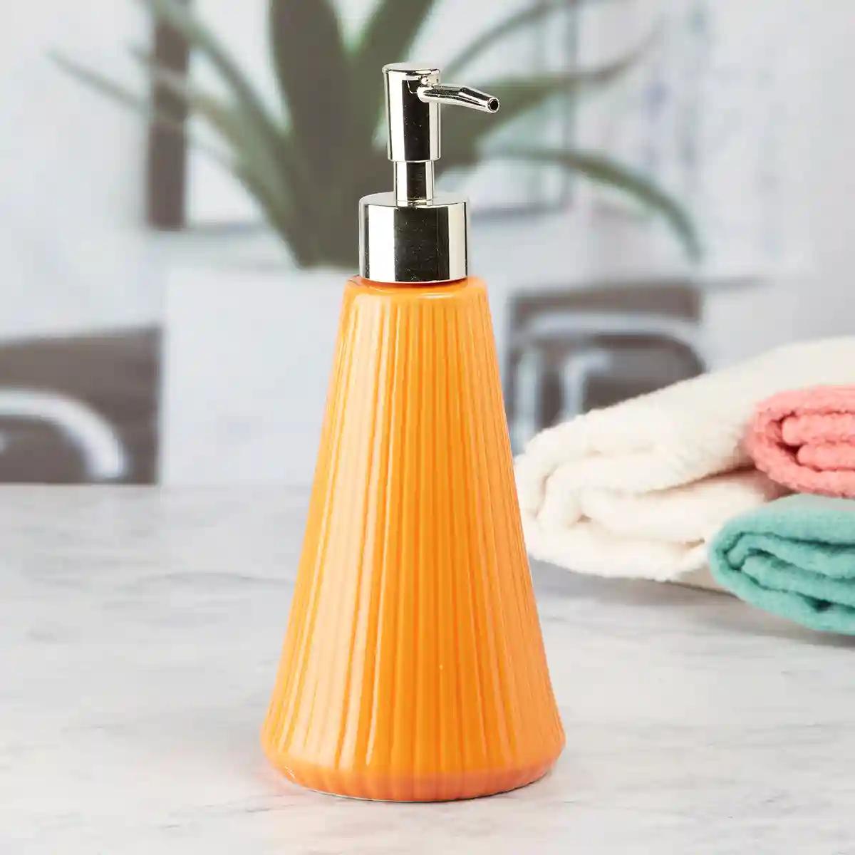 Kookee Ceramic Soap Dispenser for Bathroom handwash, refillable pump bottle for Kitchen hand wash basin, Set of 2 - Orange (8054)