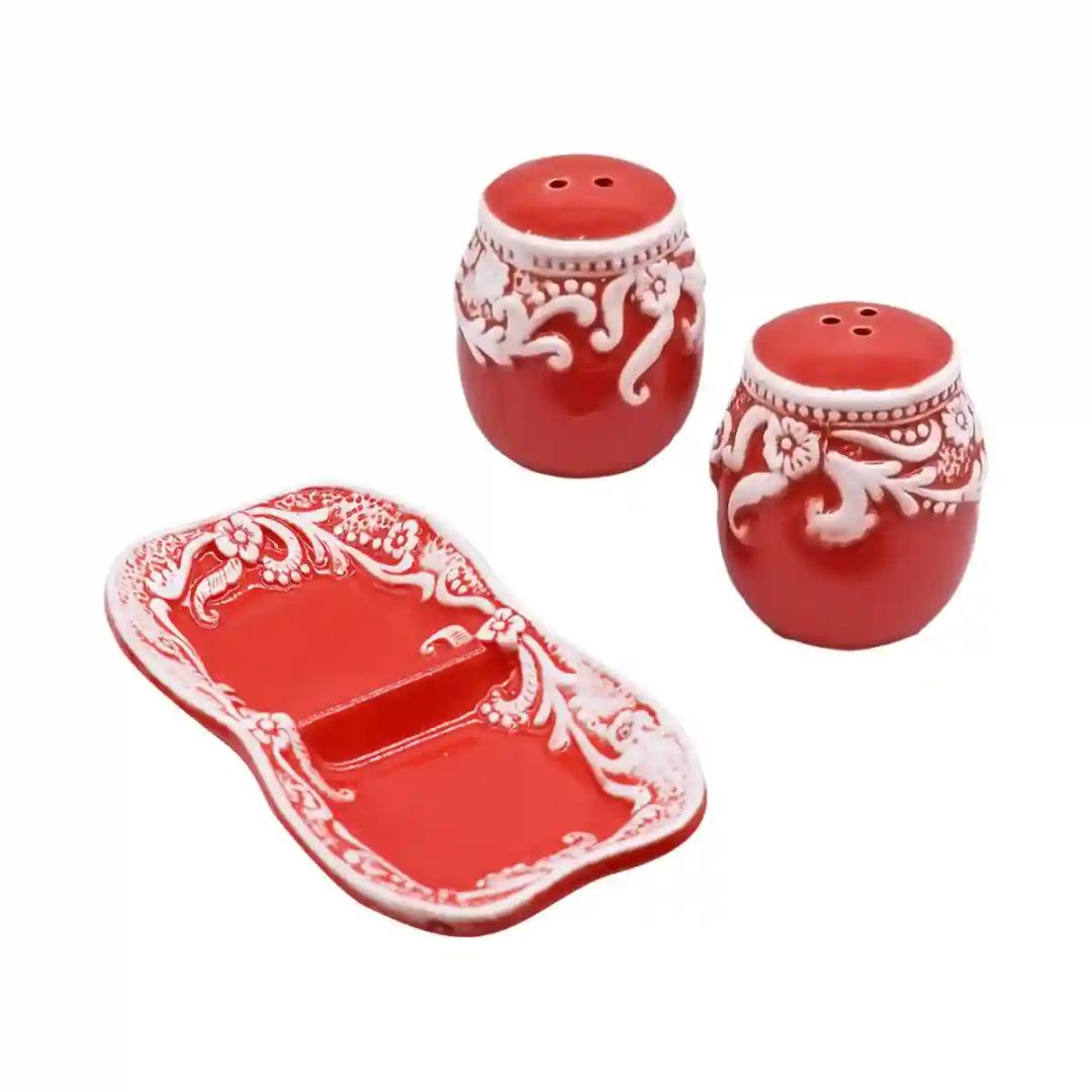 Kookee Ceramic Salt and Pepper Shakers Set with tray for Dining Table used as Namak Dhani, Shaker, Sprinkler, Spices Dispenser for Home, Kitchen and Restaurant, Floral Design, Red White (8565)