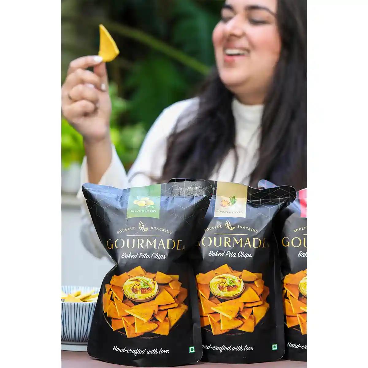 Gourmade Pita Chips Snacking Combo of 2 Roasted Garlic, 1 Olive & Herbs (375gm)