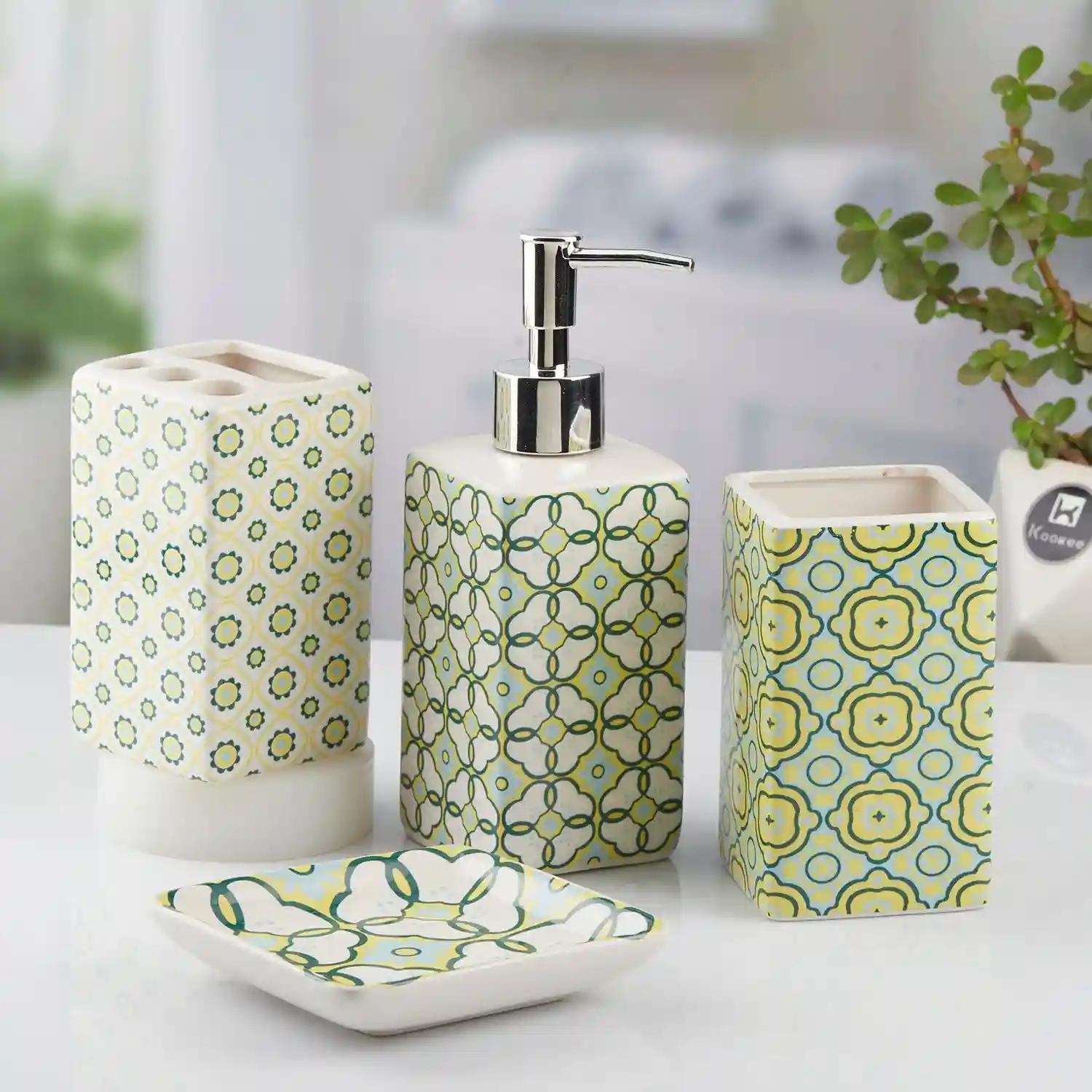 Kookee Ceramic Bathroom Accessories Set of 4, Modern Bath Set with Liquid hand wash Soap Dispenser and Toothbrush holder, Luxury Gift Accessory for Home, White/Green (10724)