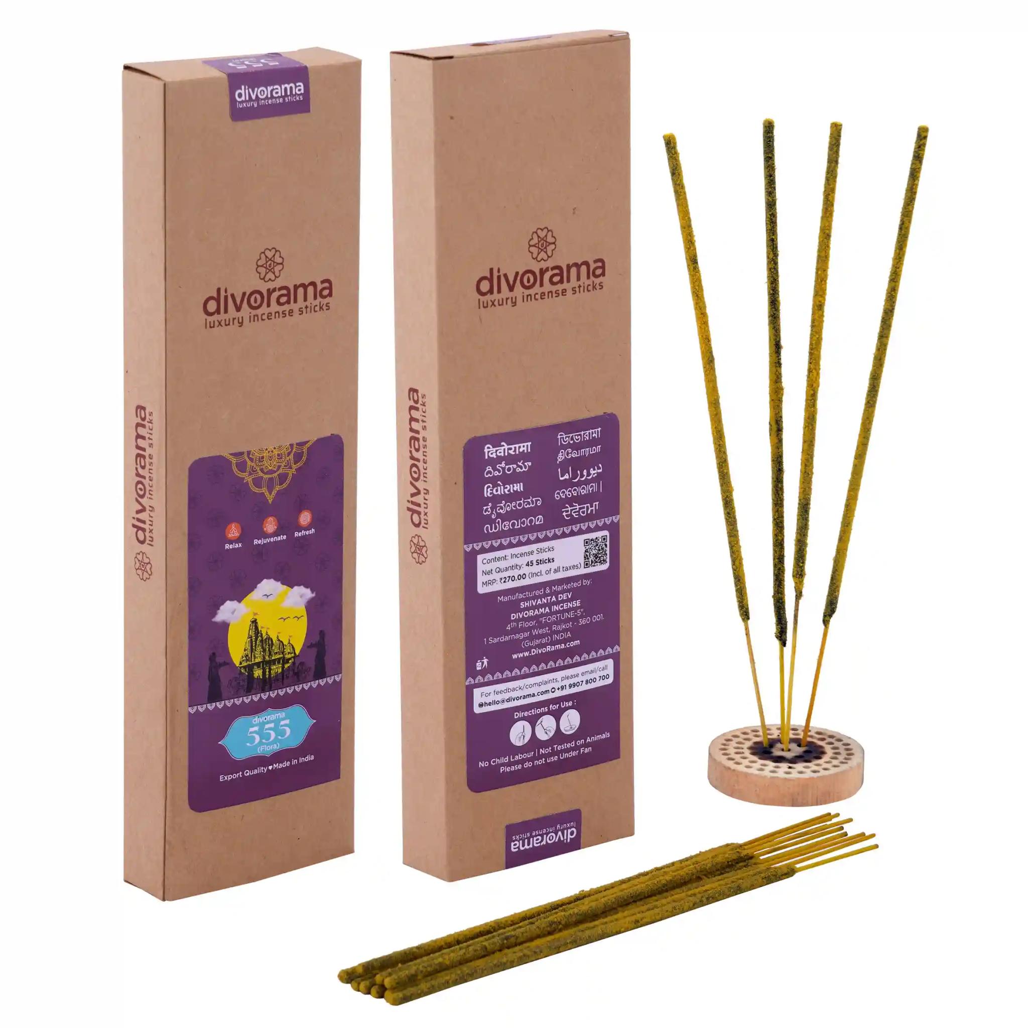 DivoRama Premium 555 Flora  Incense Masala Agarbatti - 100% Natural Indian Aroma - Long Lasting 555 Flora Agarbatti for Puja, Meditation, Happy Vibes - 45 Sticks-Pack of 1