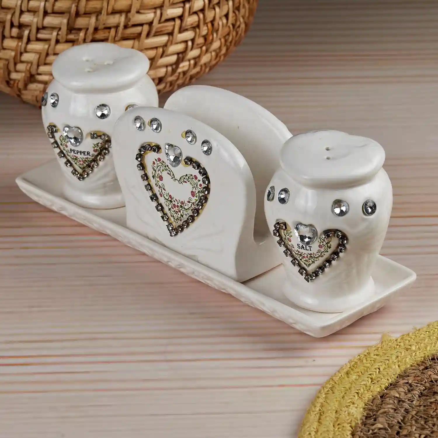 Kookee Ceramic Salt and Pepper Shakers Set with tray for Dining Table used as Namak Dhani, Shaker, Sprinkler, Spices Dispenser for Home, Kitchen and Restaurant, White (10710)