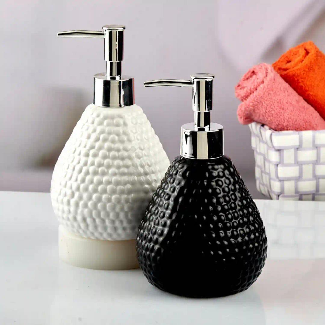 Kookee Ceramic Soap Dispenser for Bathroom hand wash, refillable pump bottle for Kitchen hand wash basin, Set of 2, White/Black (10536)