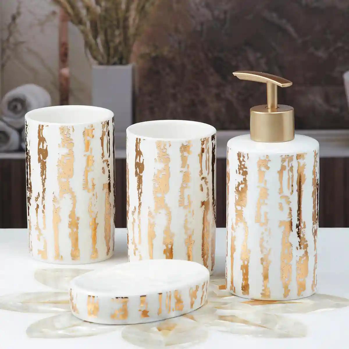 Kookee Ceramic Bathroom Accessories Set of 4, Modern Bath Set with Liquid handwash Soap Dispenser and Toothbrush holder, Luxury Gift Accessory for Home - White (10080)