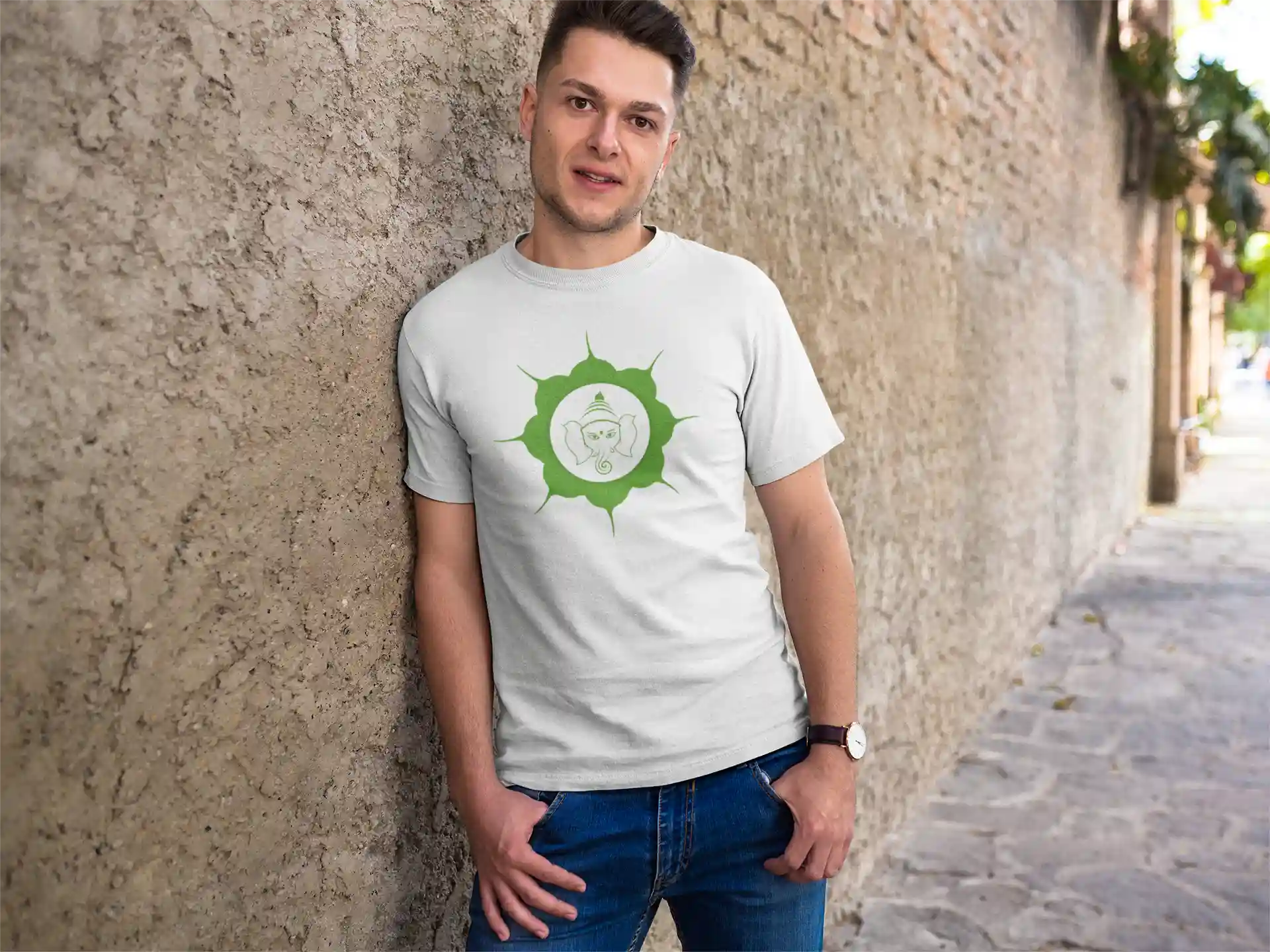 Embrace the Divine Connection - Ganesha T-Shirt for Men - S (White)