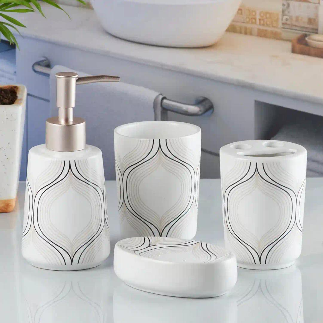 Kookee Ceramic Bathroom Accessories Set of 4, Modern Bath Set with Liquid handwash Soap Dispenser and Toothbrush holder, Luxury Gift Accessory for Home - White (10167)