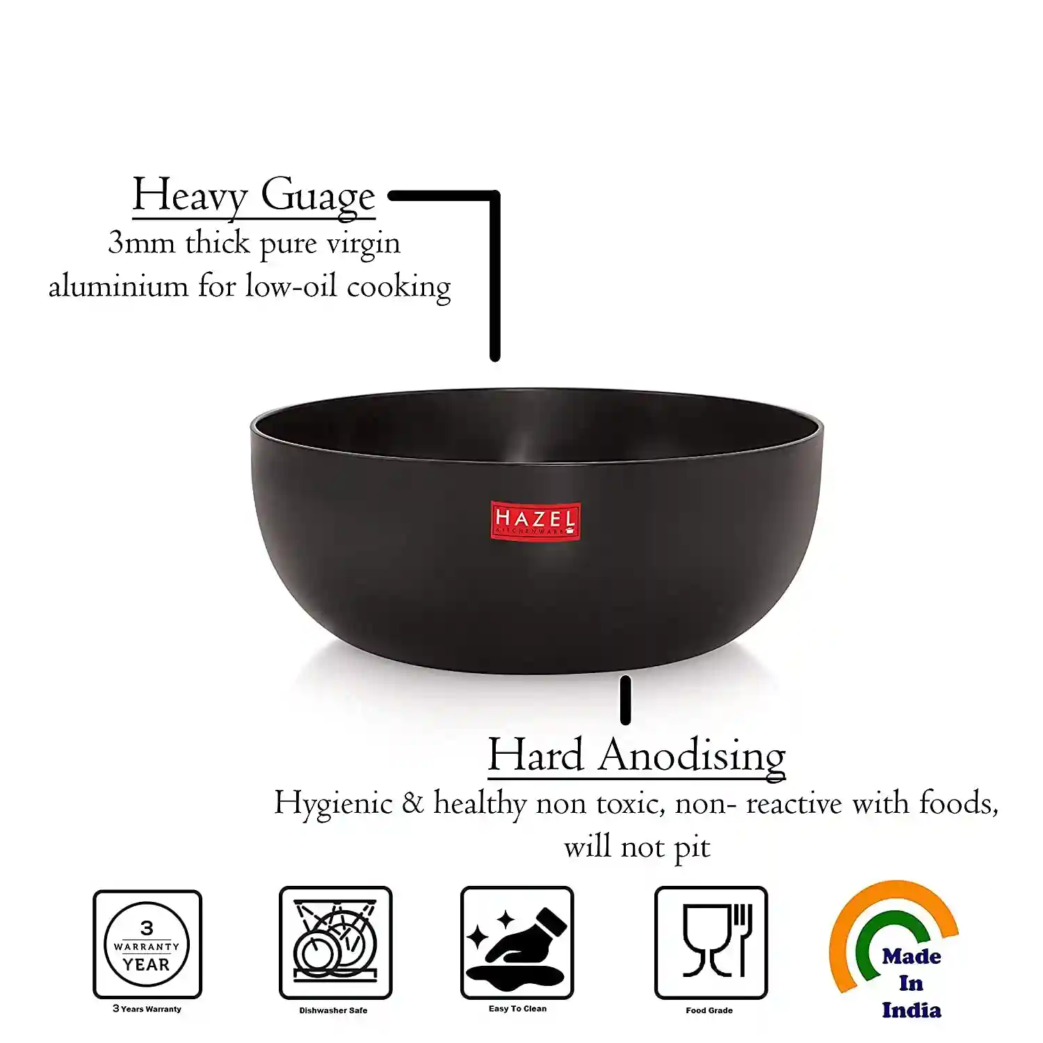 HAZEL Hard Anodised Tasra 3 mm Deep Aluminium Anodized Frying Tasla Kadai, 17.9 cm, 1400 ML