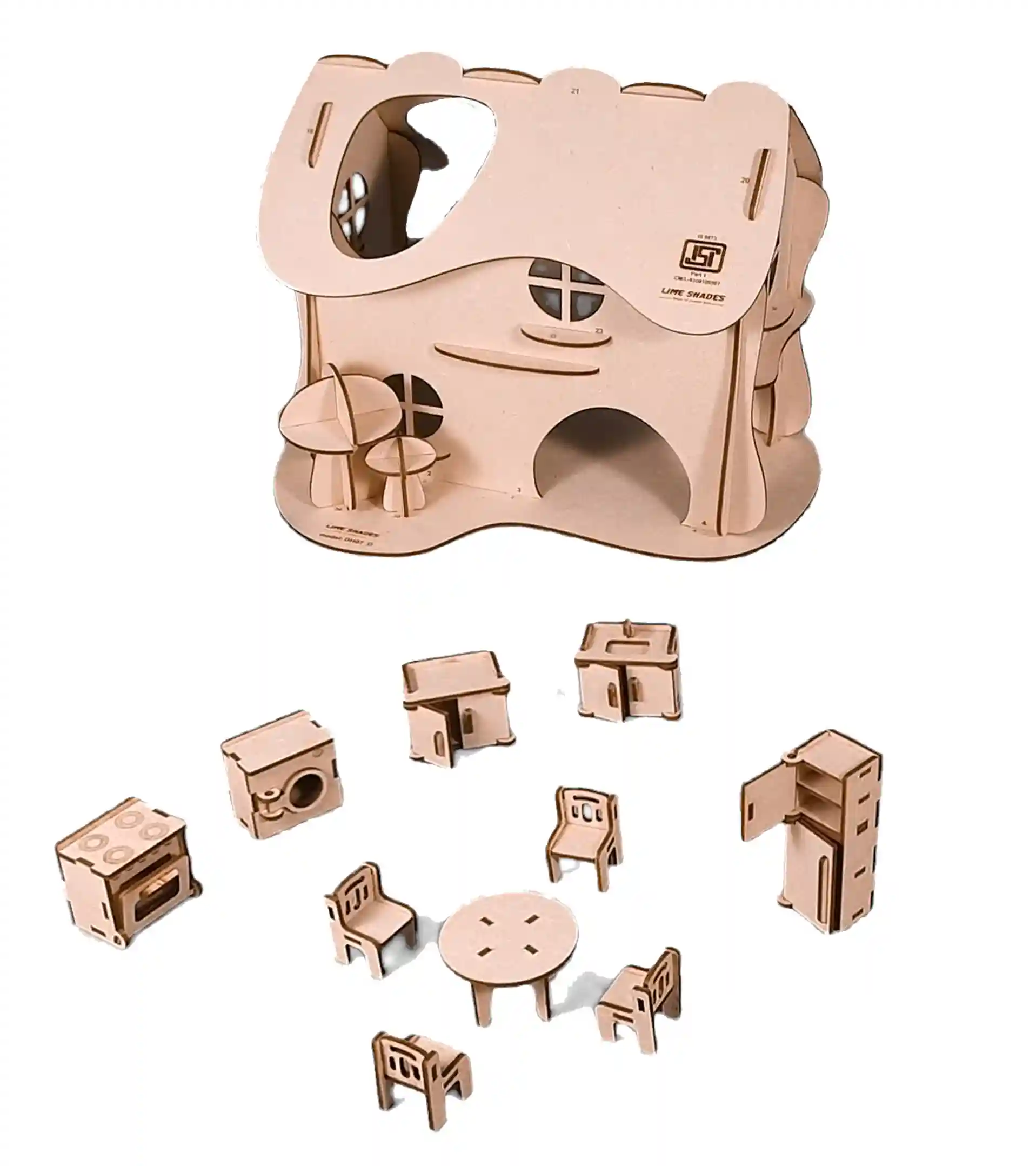 DIY Wooden mushroom dollhouse with set of 10 furnitures.