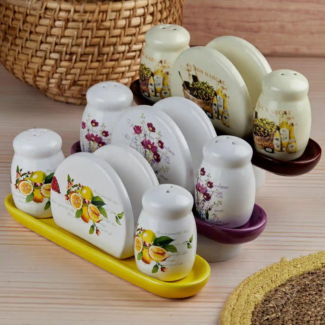 Kookee Ceramic Salt and Pepper Shakers Set with tray for Dining Table used as Namak Dhani, Shaker, Sprinkler, Spices Dispenser for Home, Kitchen and Restaurant, Purple (10715)