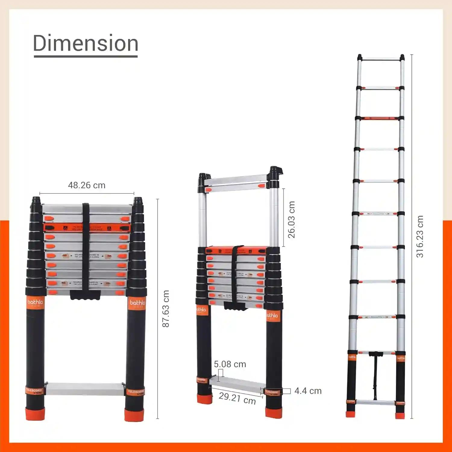 Bathla X-TEND 10.5 ft Aluminium Telescopic Ladder | Made in India (11 Step - 3.2 Mtr)