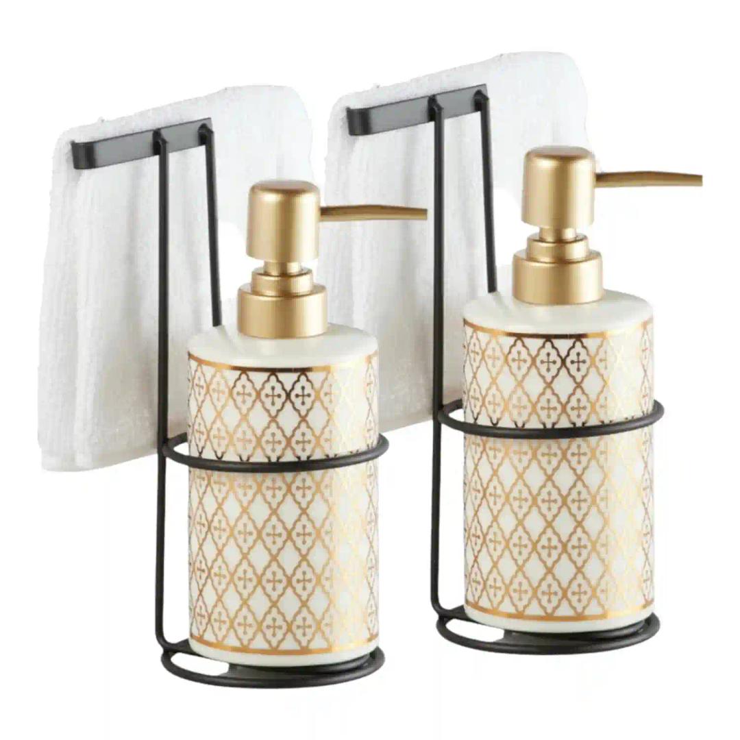 Kookee Ceramic Soap Dispenser for Bathroom hand wash, refillable pump bottle for Kitchen hand wash basin, Set of 2, White/Gold (11025)