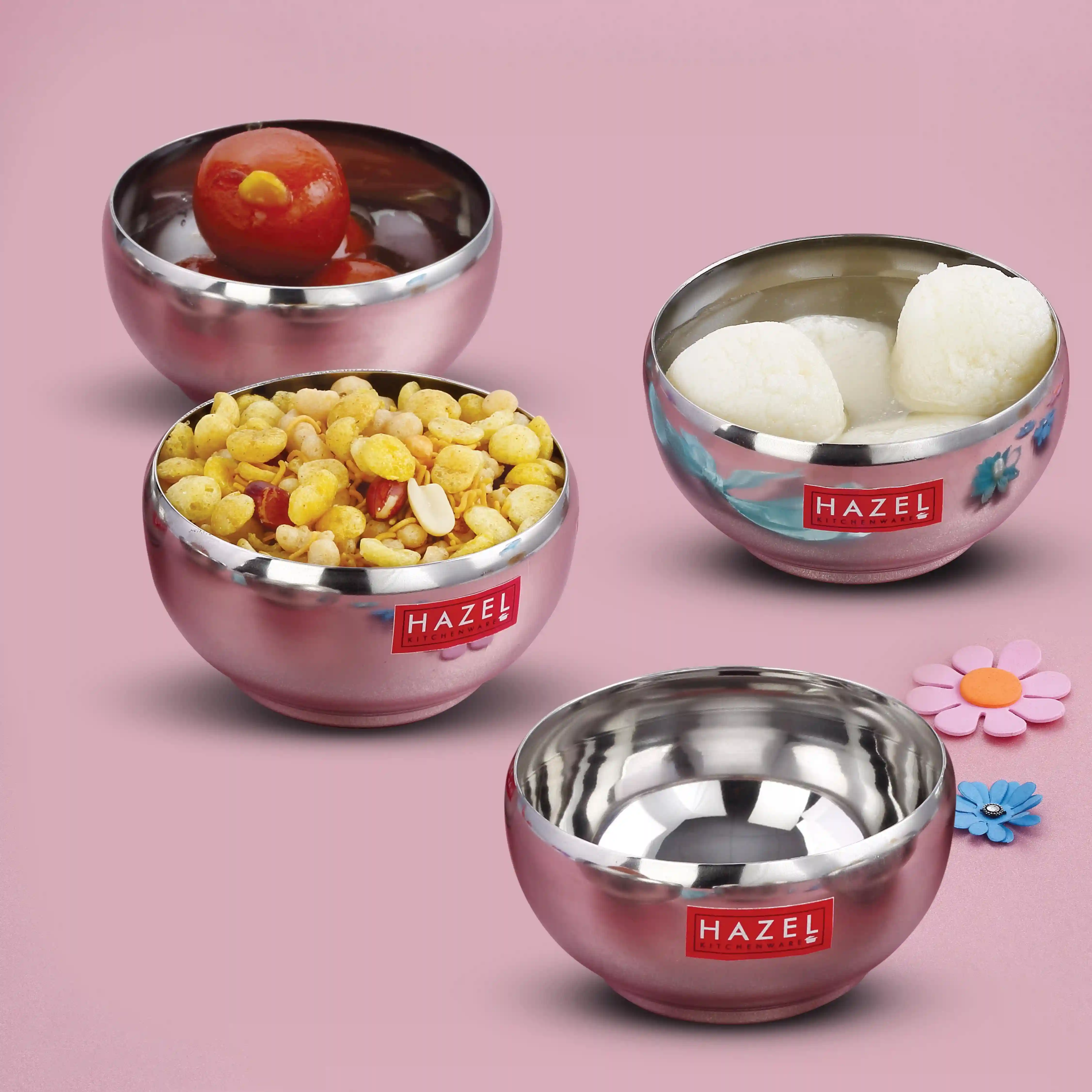 HAZEL Serving Bowl Set of 4 | Stainless Steel Bowl for Dessert, Cereal, Smoothie | Steel Katori Set of 4 | 150 ml Each, Silver