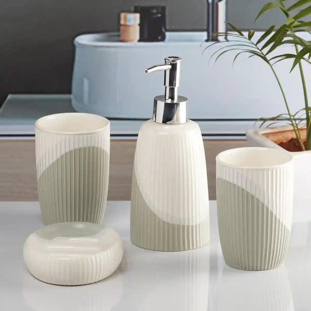 Kookee Ceramic Bathroom Accessories Set of 4, Modern Bath Set with Liquid handwash Soap Dispenser and Toothbrush holder, Luxury Gift Accessory for Home - Multicolor (10053)