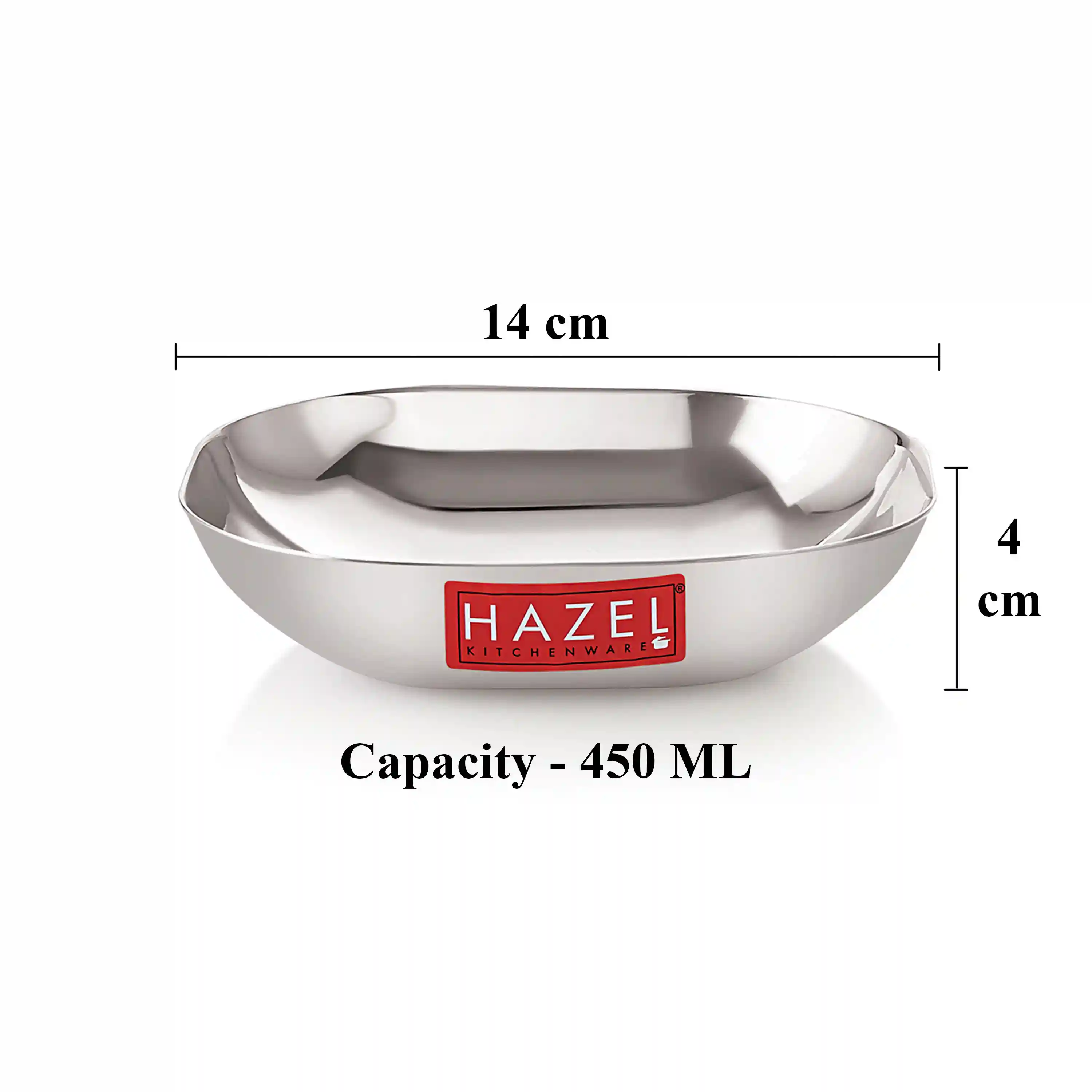 HAZEL Steel Dessert Silver Plate |Square Shaped Steel Plate for Snacks, Breakfast | Stainless Steel Katori Set of 2 | 450 ml Each, Silver