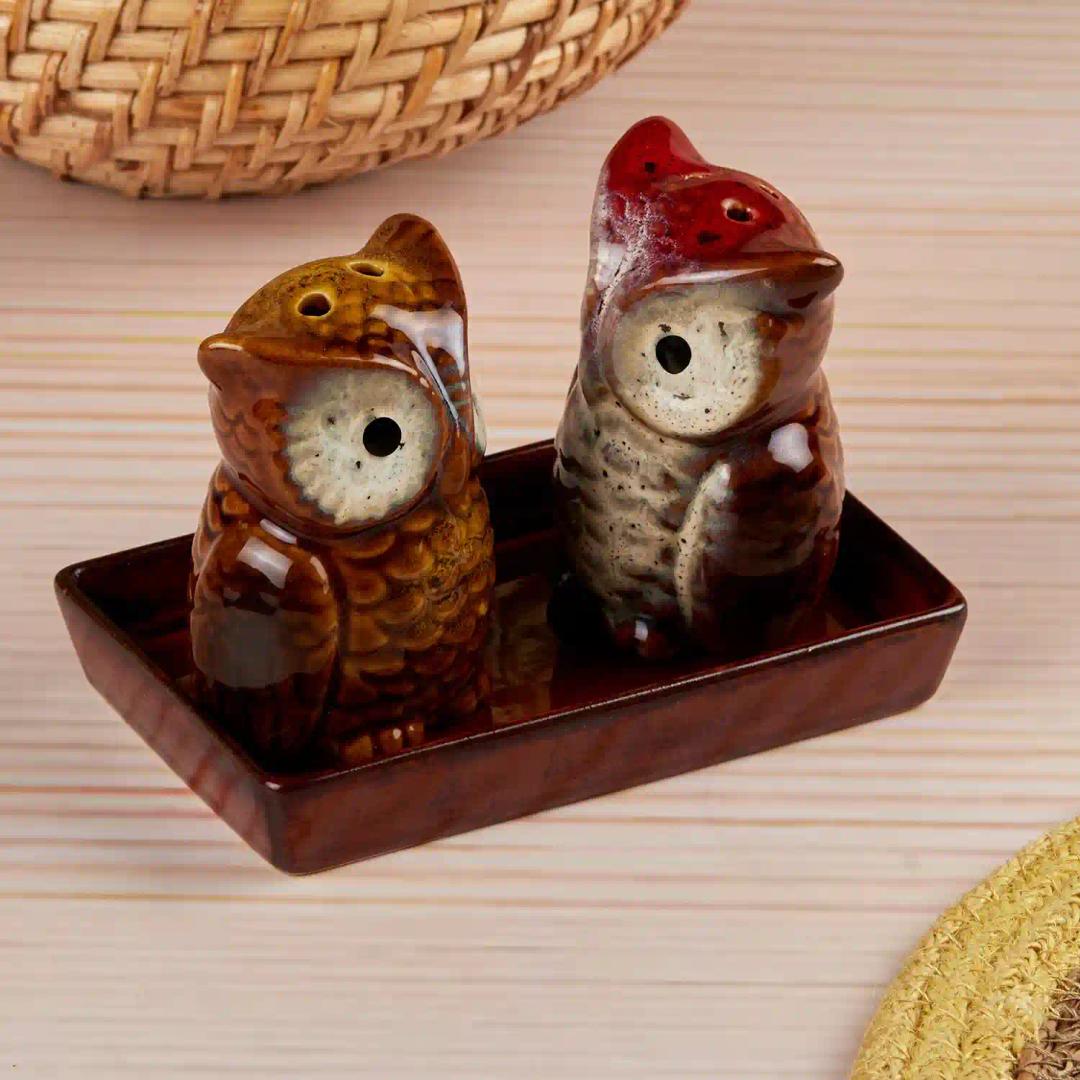 Kookee Ceramic Salt and Pepper Shakers Set with tray for Dining Table used as Namak Dhani, Shaker, Sprinkler, Spices Dispenser for Home, Kitchen and Restaurant, Owl Design (10709)