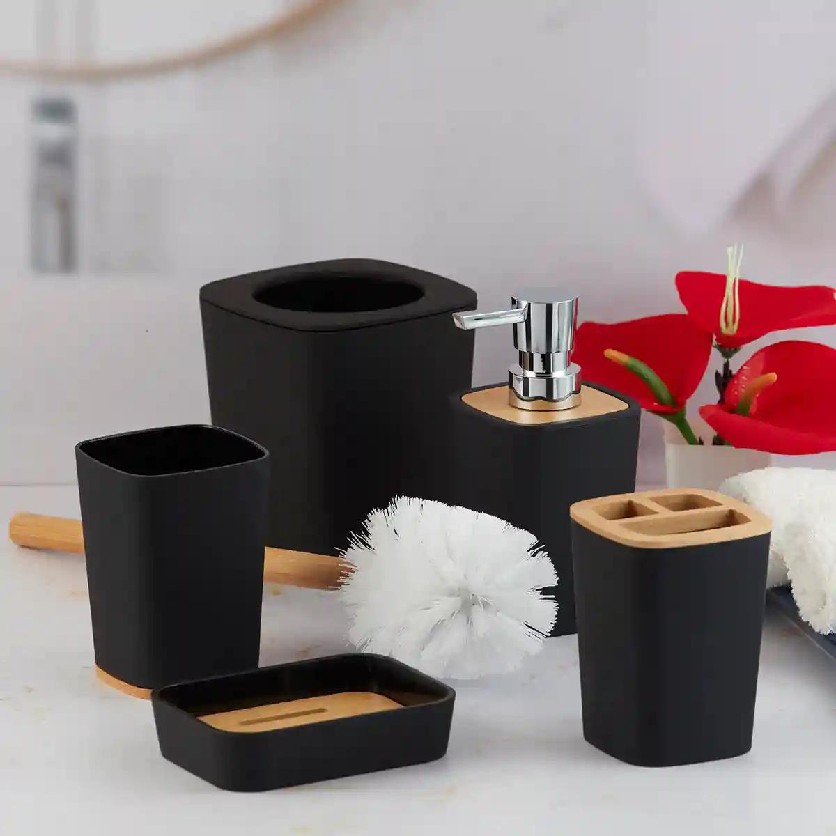 Kookee Acrylic Bathroom Accessories Set of 5, Modern Acrylic Bath Set with Liquid Soap Dispenser and Toothbrush Holder, Bathroom Accessory Set with Toilet Brush Gift Items for Home - Black (10031)