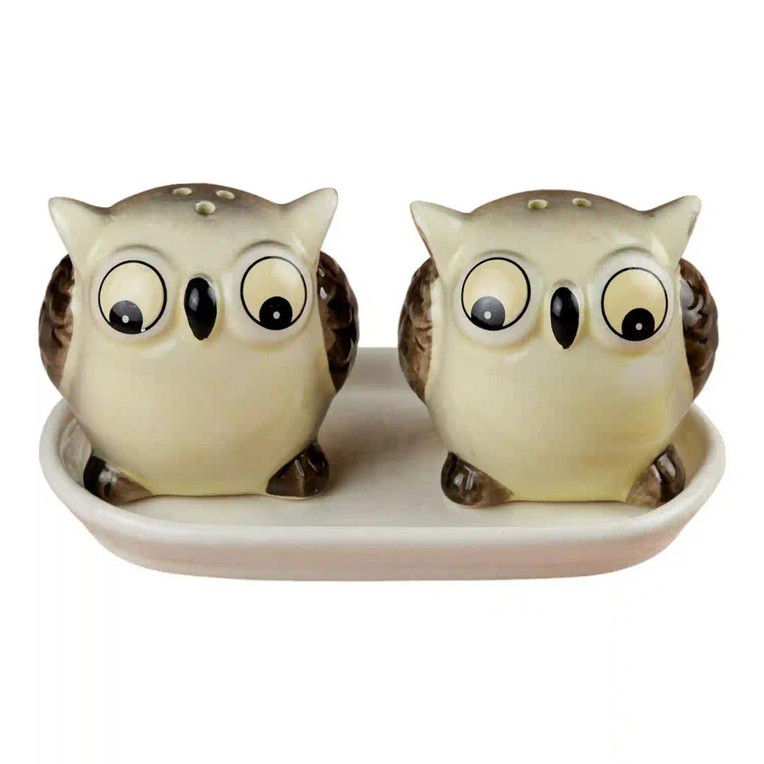 Kookee Ceramic Salt and Pepper Shakers Set with tray for Dining Table used as Namak Dhani, Shaker, Sprinkler, Spices Dispenser for Home, Kitchen and Restaurant, Cream, Owl (10704)