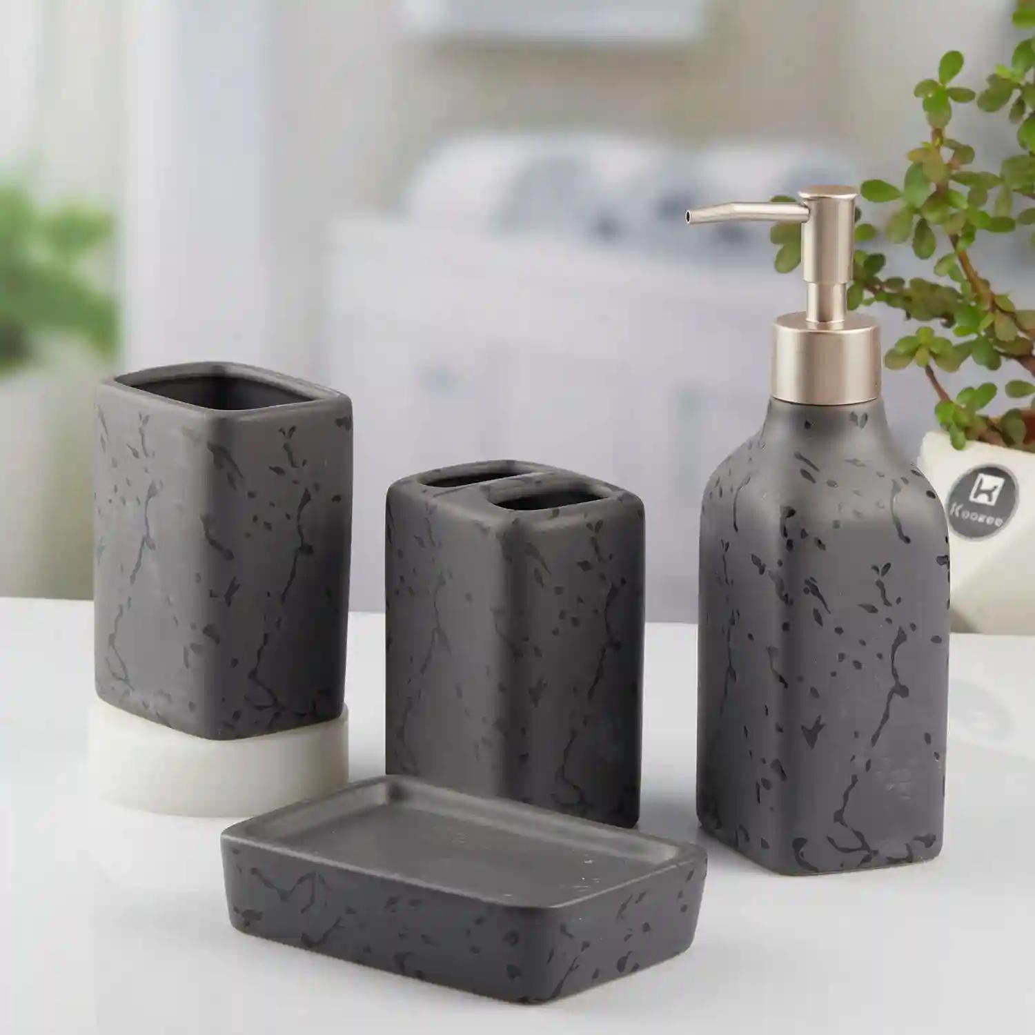 Kookee Ceramic Bathroom Accessories Set of 4, Modern Bath Set with Liquid hand wash Soap Dispenser and Toothbrush holder, Luxury Gift Accessory for Home, Grey (10446)