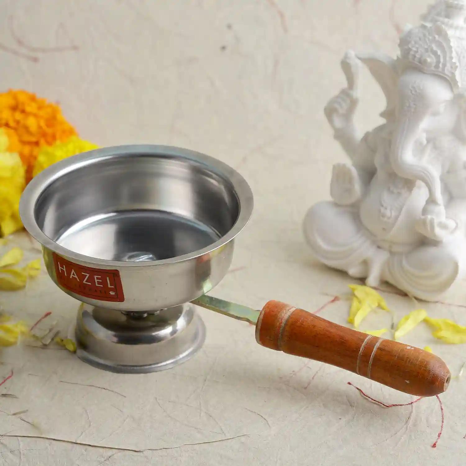 HAZEL Dhoop Dani with Handle | Stainless Steel Dhup Dani for Puja | Camphor Diffuser Burner Kapur Dani for Pooja | Incense Loban Dhoop Burner (11 x 6.5 cm)