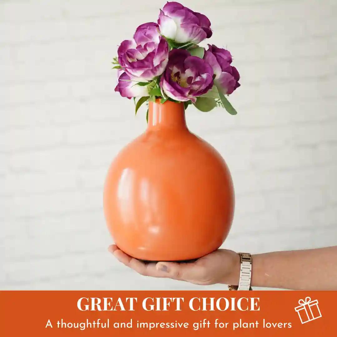 Behoma Metal Flower Vase for Home Decor| Decoration Item for Living Room Office| Table Decorative Flower Pot for Gifting (1Pcs Orange)(Flower not Included)