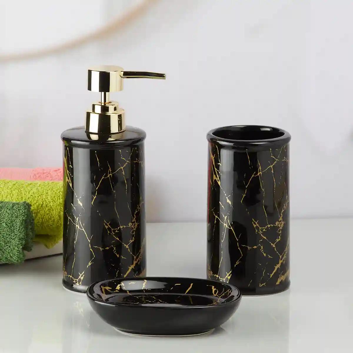 Kookee Ceramic Bathroom Accessories Set of 3, Modern Bath Set with Liquid handwash Soap Dispenser and Toothbrush holder, Luxury Gift Accessory for Home - Black (9728)