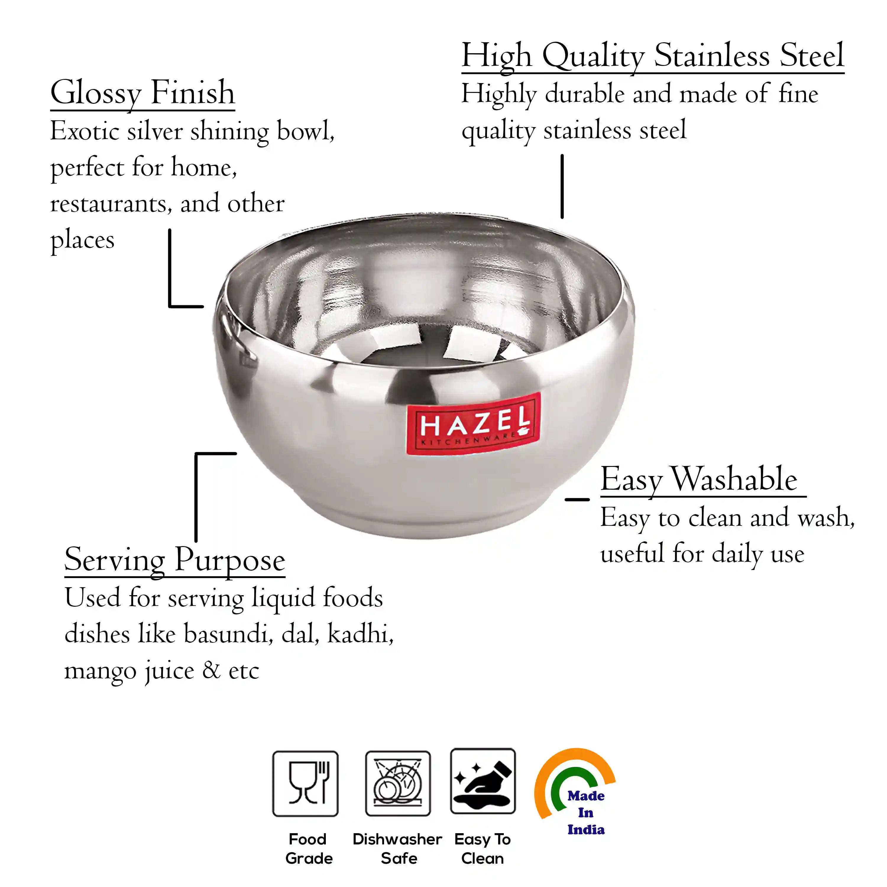 HAZEL Serving Bowl Set of 4 | Stainless Steel Bowl for Dessert, Cereal, Smoothie | Steel Katori Set of 4 | 150 ml Each, Silver