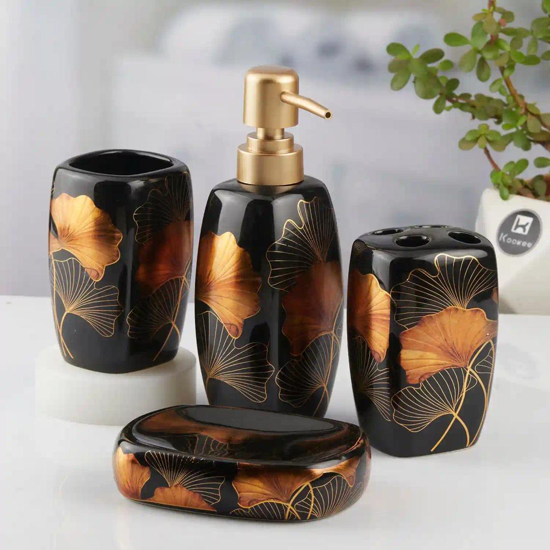 Kookee Ceramic Bathroom Accessories Set of 4, Modern Bath Set with Liquid hand wash Soap Dispenser and Toothbrush holder, Luxury Gift Accessory for Home, Black (10396)