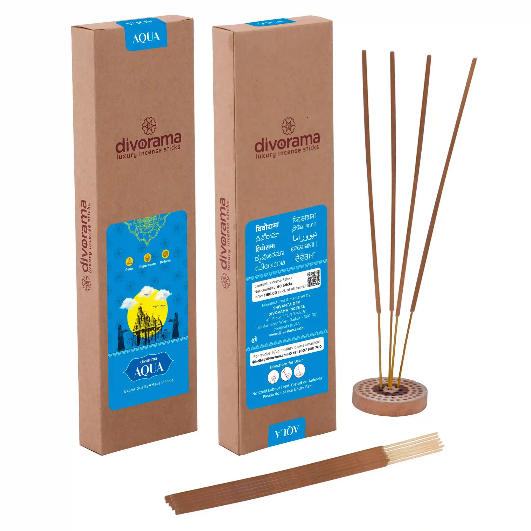 DivoRama Luxury Aqua Incense Sticks Agarbatti - 100% Indian Natural Aroma -  Long Lasting Aqua Agarbatti for Puja, Meditation, Happy Vibes - 60 Sticks-Pack of 1