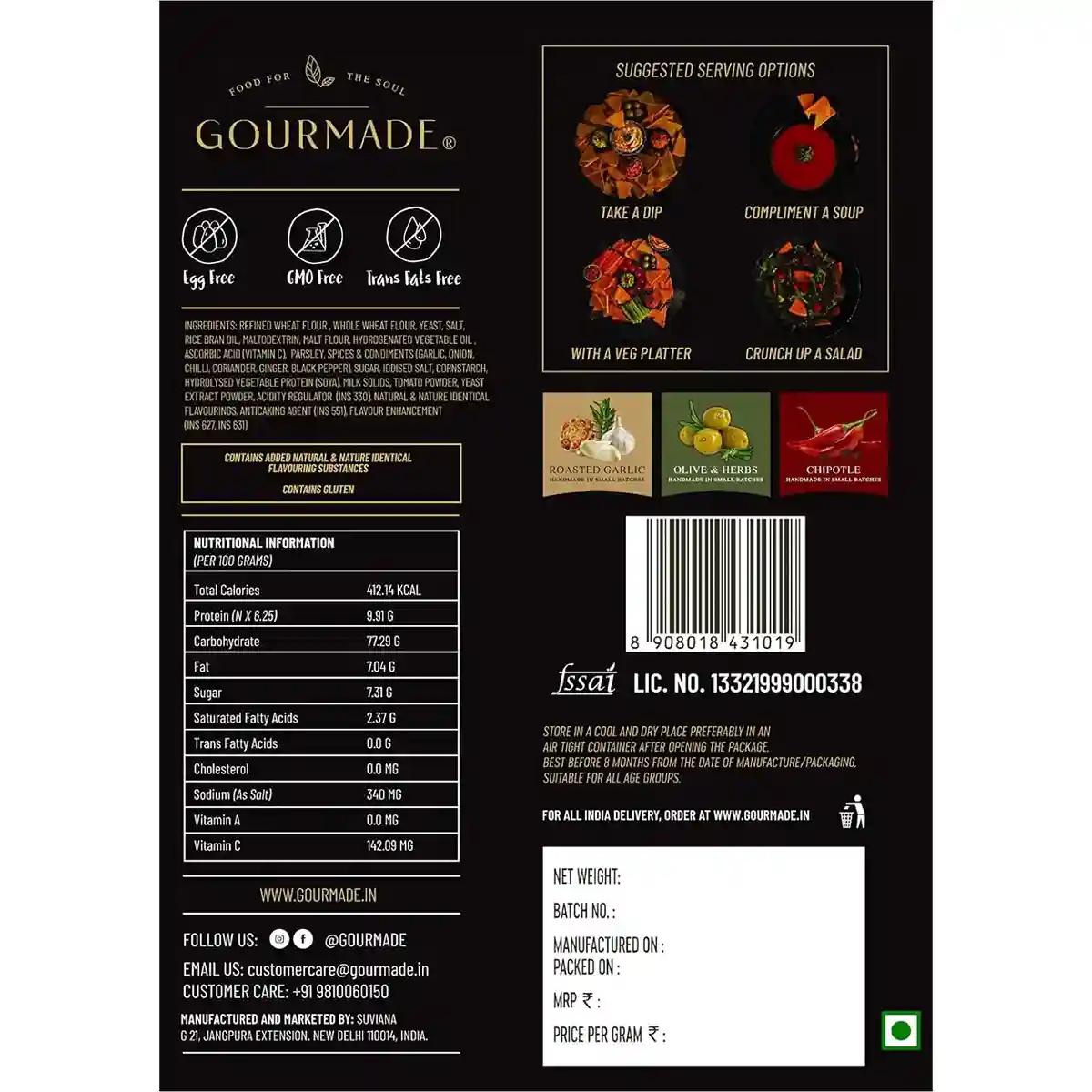 Gourmade Pita Chips Snacking Combo of 2 Roasted Garlic, 1 Chipotle (375gm)