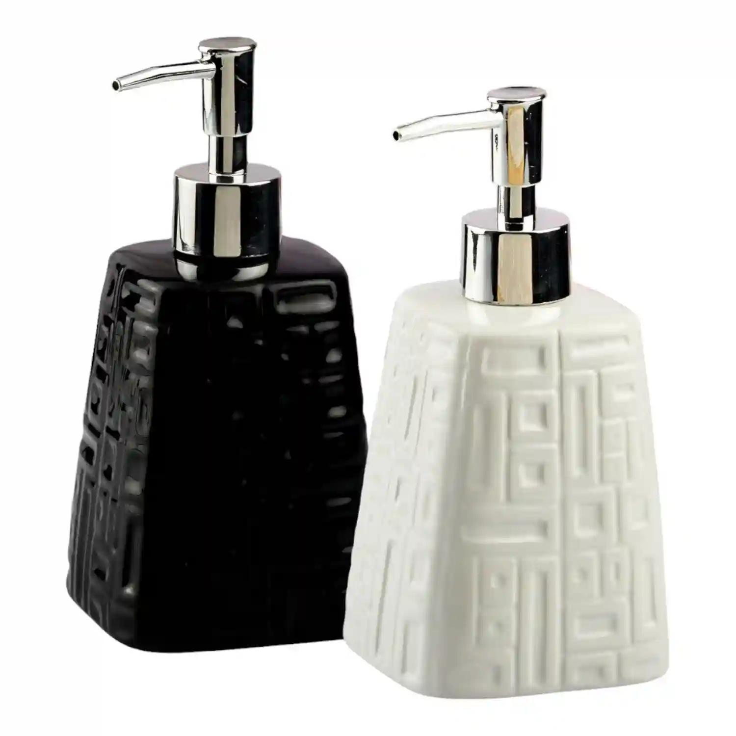 Kookee Ceramic Soap Dispenser for Bathroom hand wash, refillable pump bottle for Kitchen hand wash basin, Set of 2, Black/White (10554)