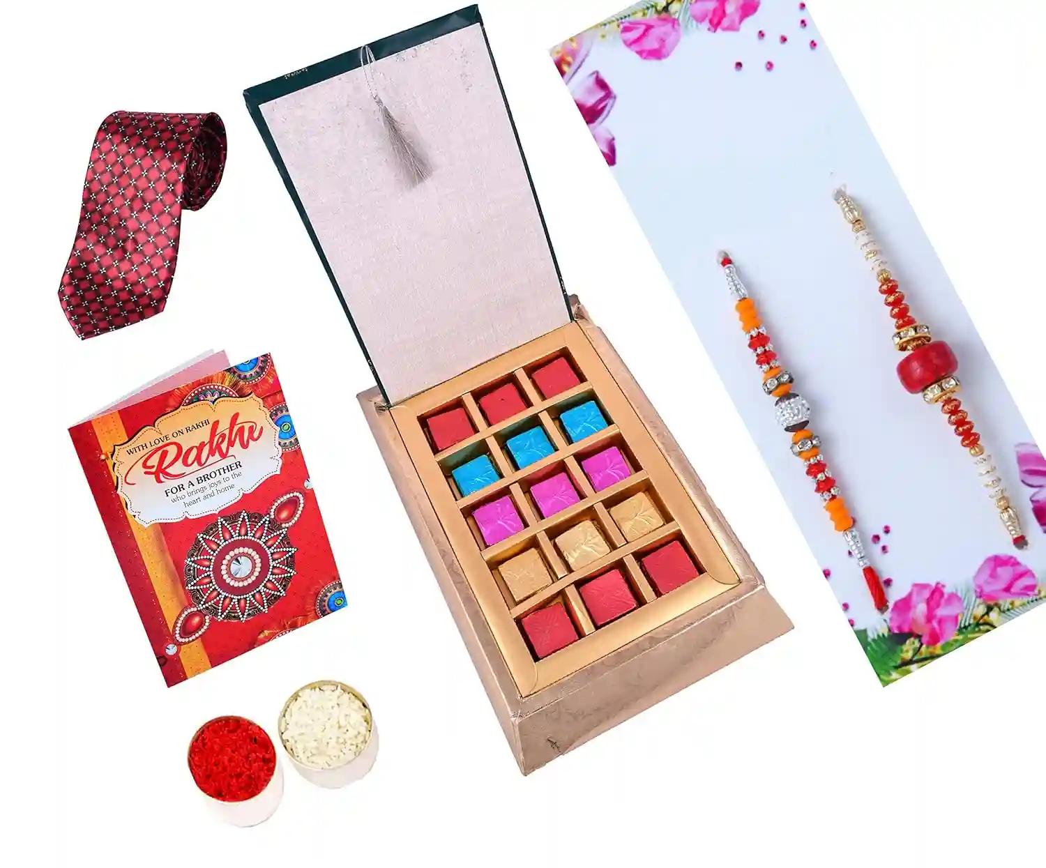 MANTOUSS Rakhi For Brother With Gift/Rakhi For Brother With Chocolate-Set Of Two Rakhi+Chocolate Box+Roli,Chawal+Rakhi Greeting Card+Men'S Neck Tie