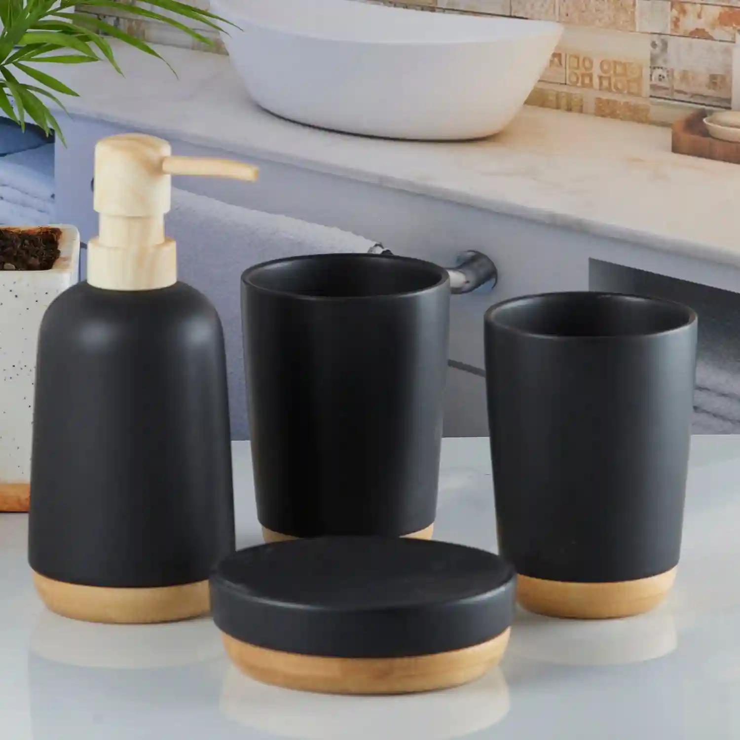 Kookee Ceramic Bathroom Accessories Set of 4, Modern Bath Set with Liquid handwash Soap Dispenser and Toothbrush holder, Luxury Gift Accessory for Home - Black (9619)